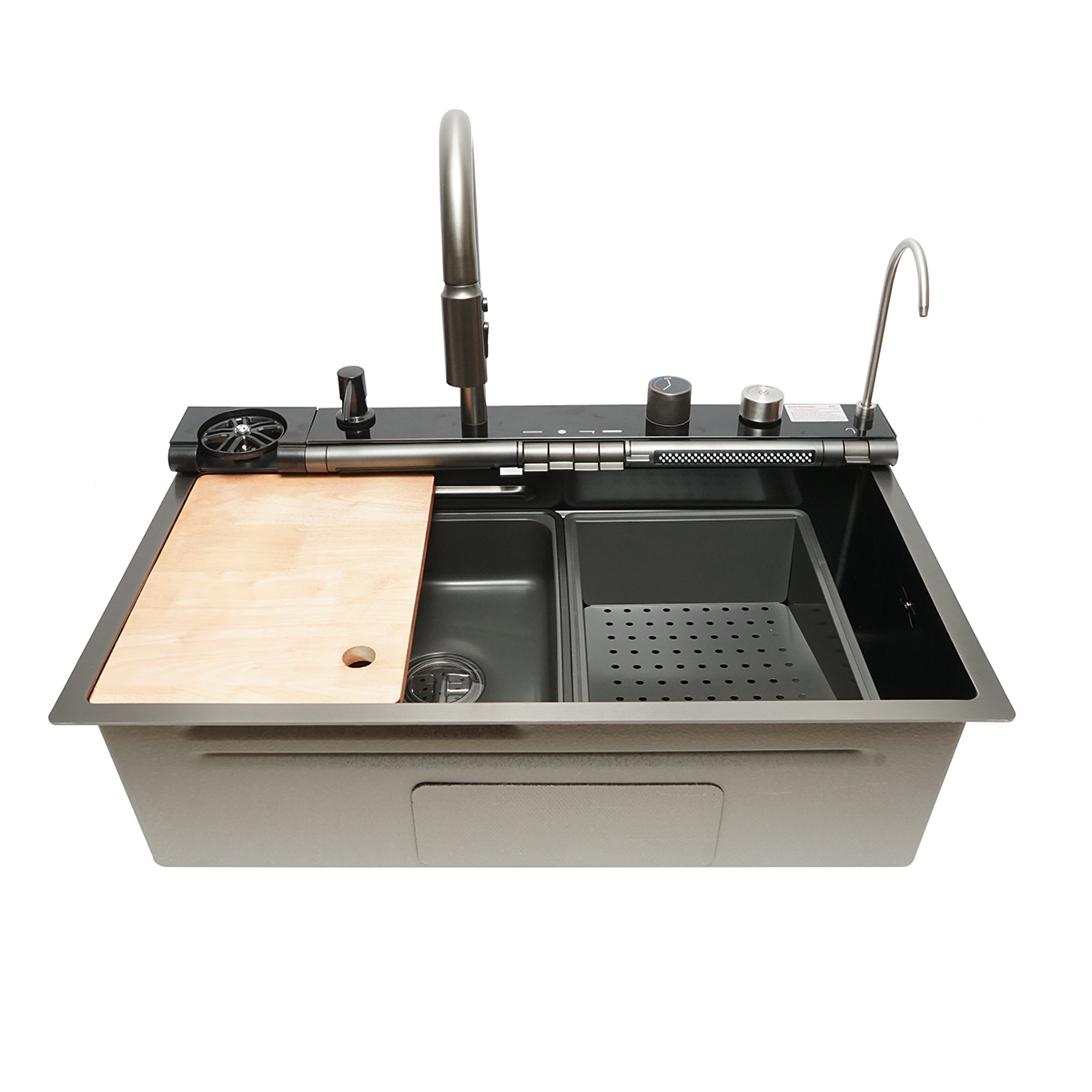 Chiuveta bucatarie multifunctionala din otel inoxidabil cu doua baterii, afisaj digital temperatura, doua cascade, spalator pahare, scurgator, tava, tocator si accesorii incluse, dimensiune 75x46x22cm - imagine 7