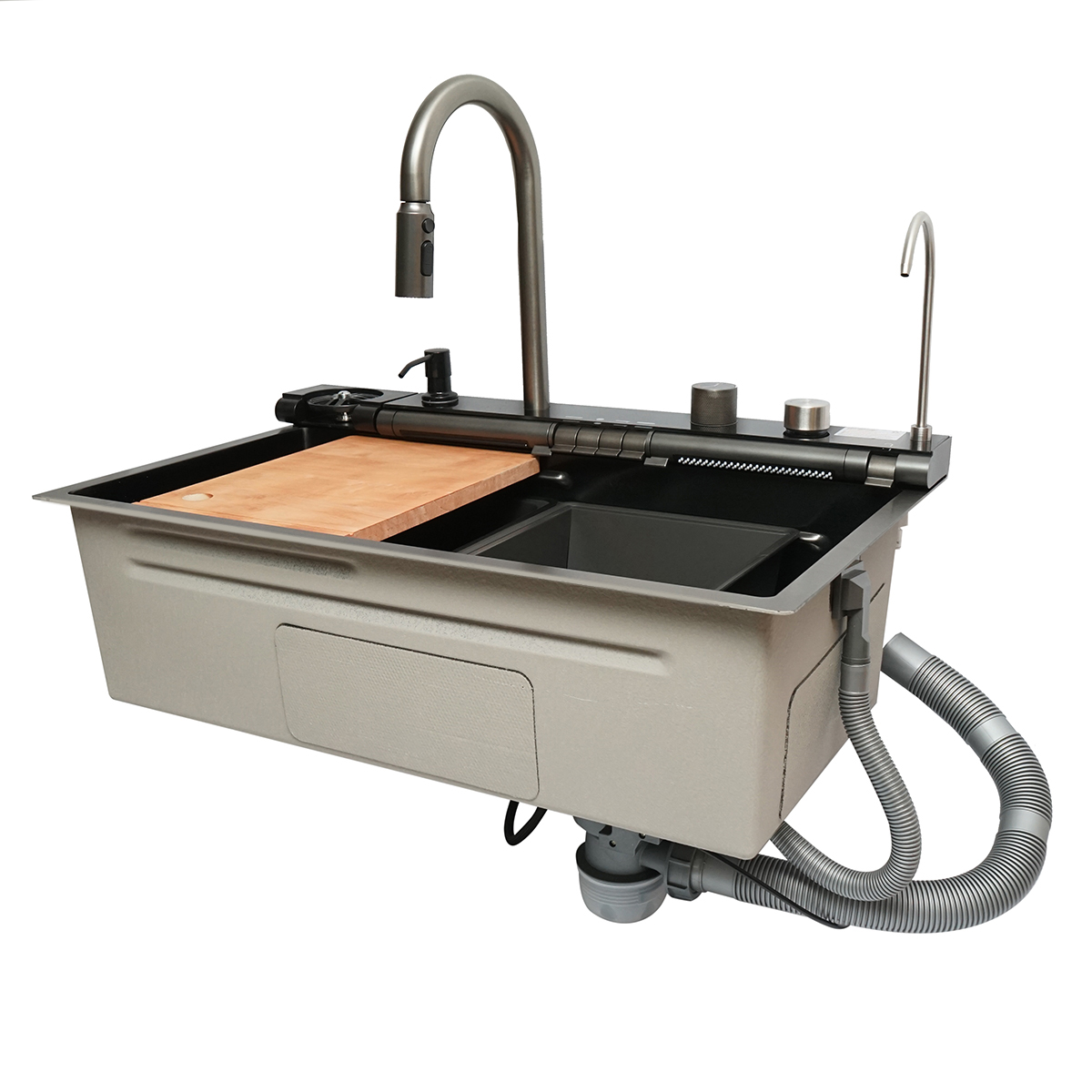 Chiuveta bucatarie multifunctionala din otel inoxidabil cu doua baterii, afisaj digital temperatura, doua cascade, spalator pahare, scurgator, tava, tocator si accesorii incluse, dimensiune 75x46x22cm - imagine 6