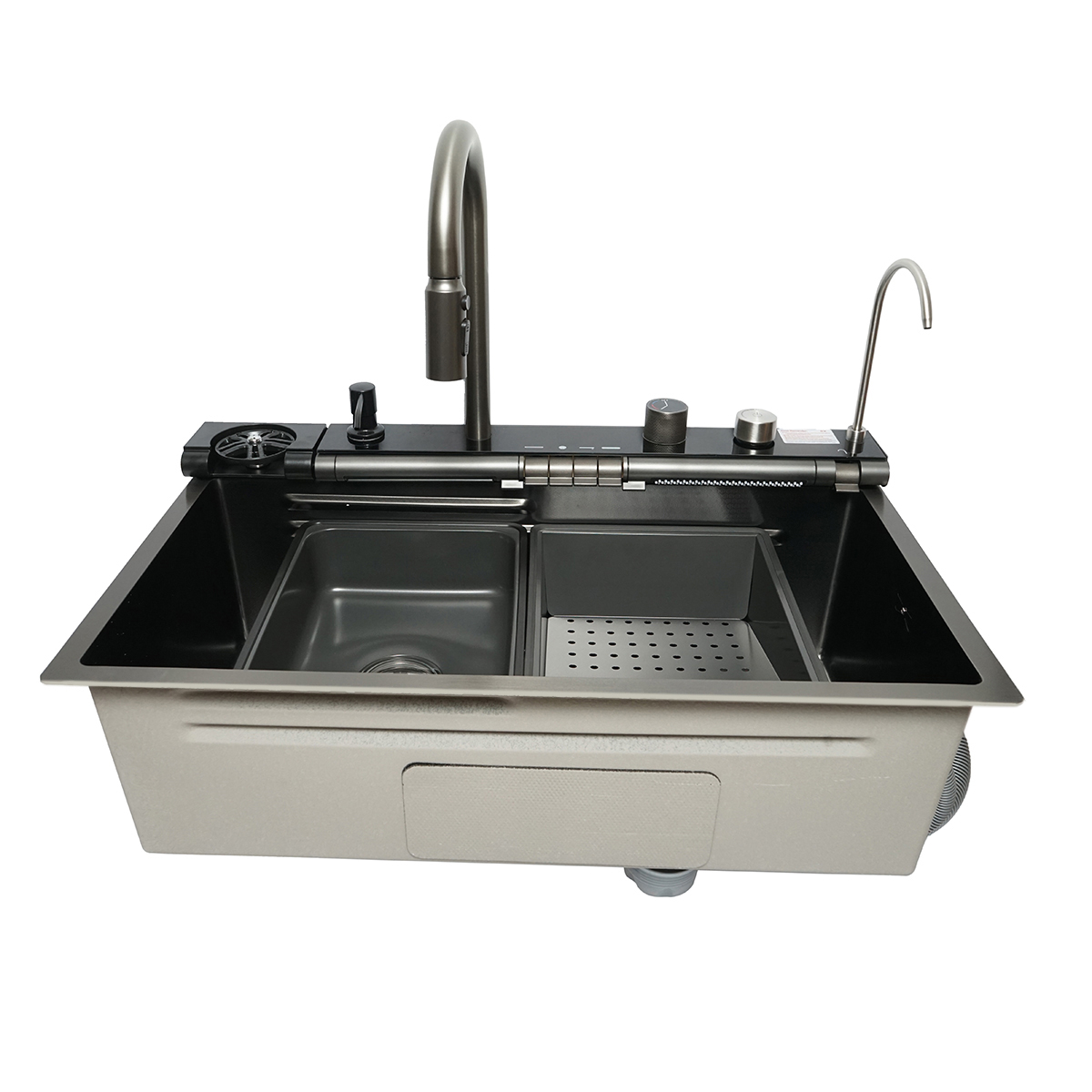 Chiuveta bucatarie multifunctionala din otel inoxidabil cu doua baterii, afisaj digital temperatura, doua cascade, spalator pahare, scurgator, tava, tocator si accesorii incluse, dimensiune 75x46x22cm - imagine 8
