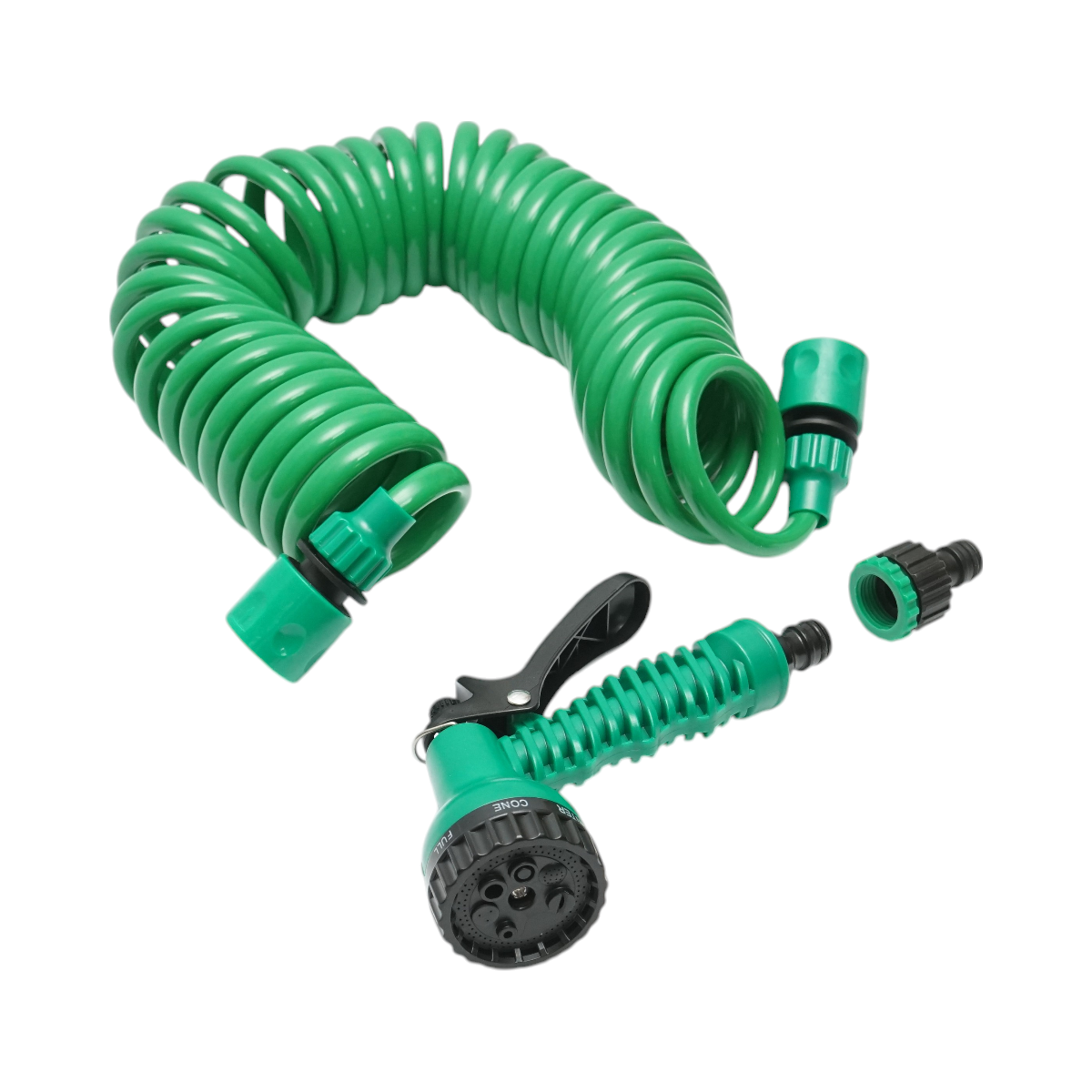 Furtun gradina spiralat extensibil 7.5m cu pistol reglabil 7 functii, adaptor 3/4, cupla rapida 1/2