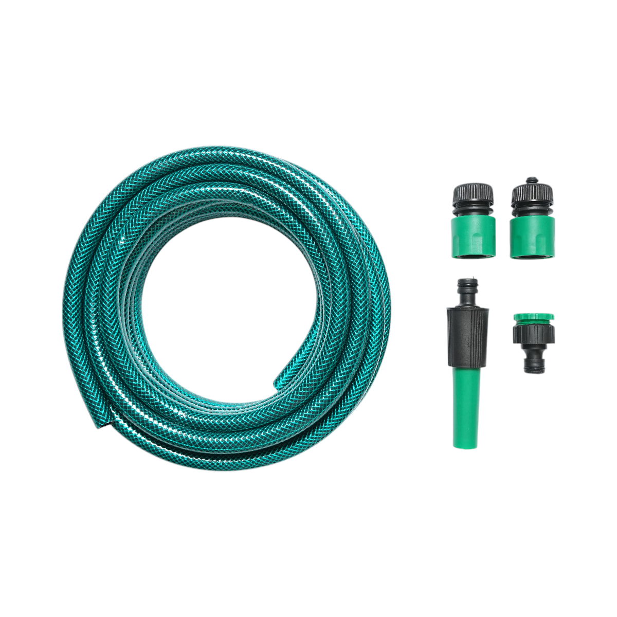 Set rola 7.5m furtun gradina PVC impletit 1/2 inch cu duza stropit reglabila, conectori si adaptor robinet 3/4-1/2 inch