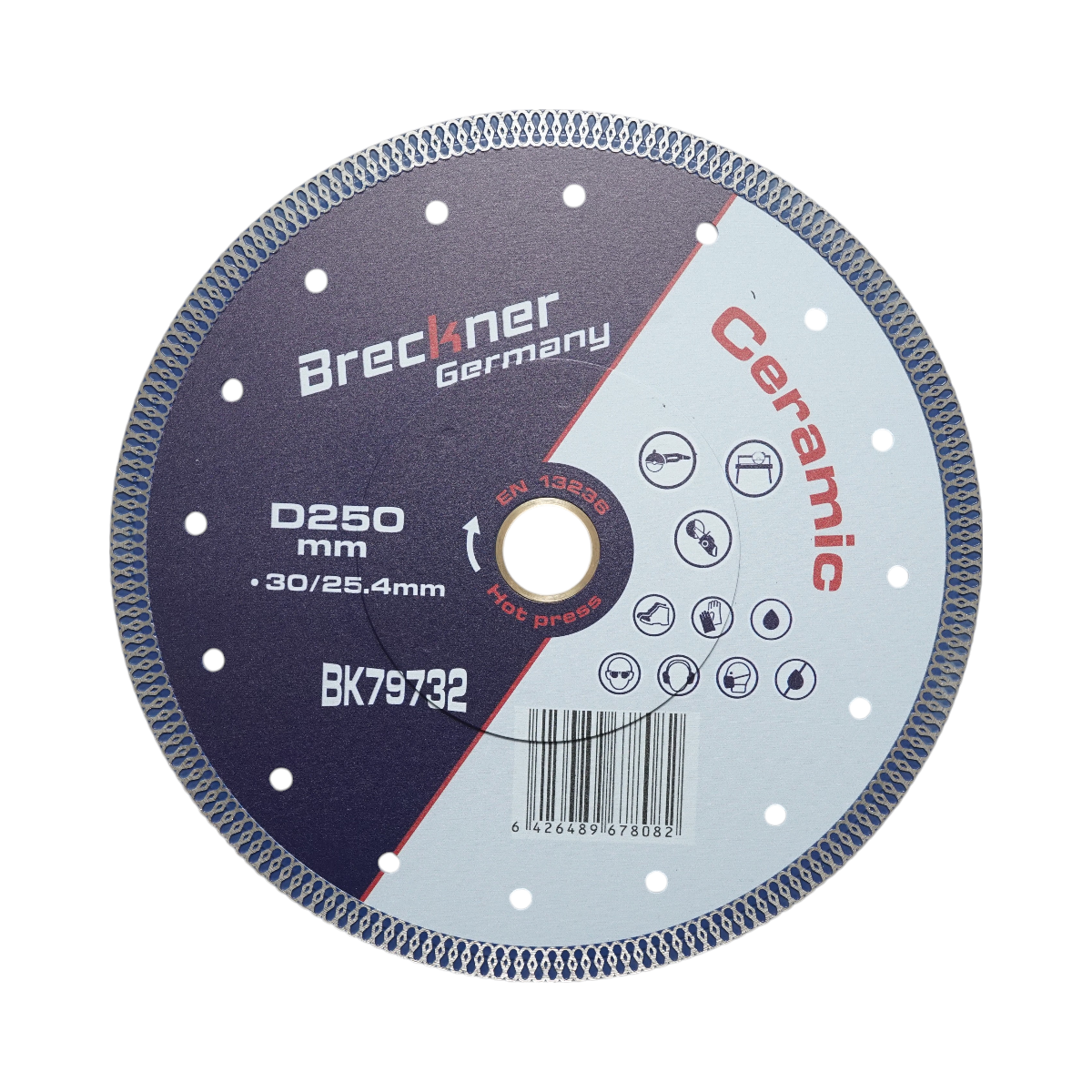 Disc diamantat turbo continuu 250x30/25.4mm, taiere umeda/uscata pentru ceramica dura, gresie, faianta Breckner Germany