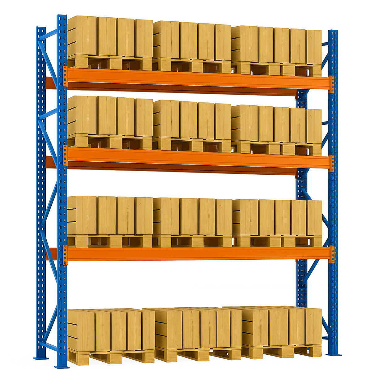 Raft depozitare paleti pe 4 nivele, 29.7m lungime, 1m adancime, 3.2m inaltime, capacitate 132 paleti (12x11)