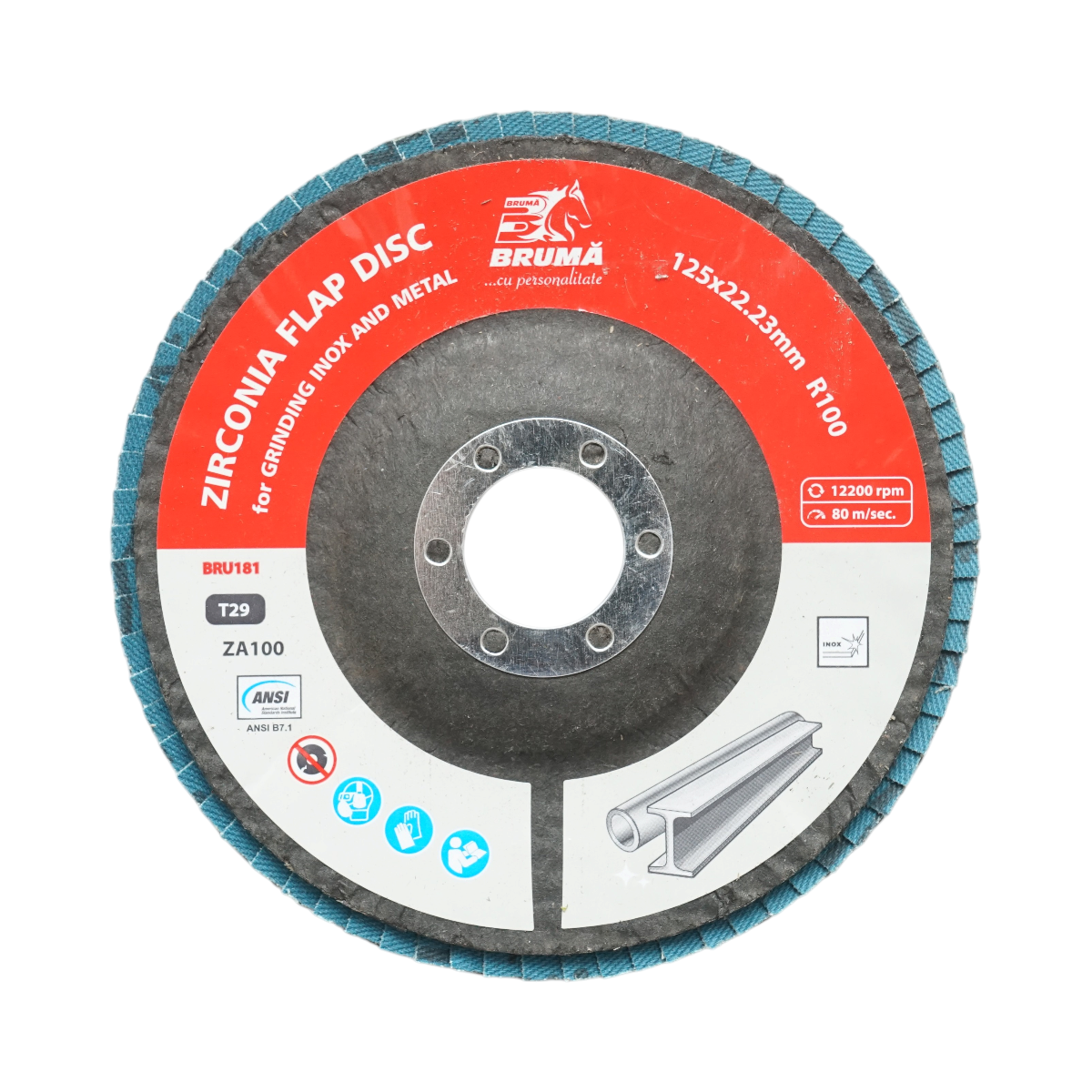 Disc lamelar abraziv cu zirconiu 125x22.23mm T29 R100 pentru slefuire, polizare metal si inox