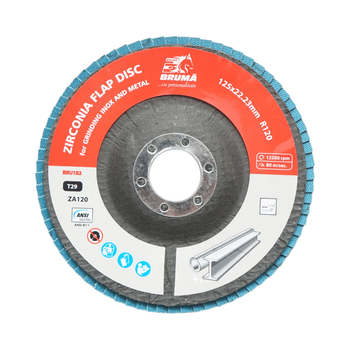 Disc lamelar abraziv cu zirconiu 125x22.23mm T29 R120 pentru slefuire, polizare metal si inox