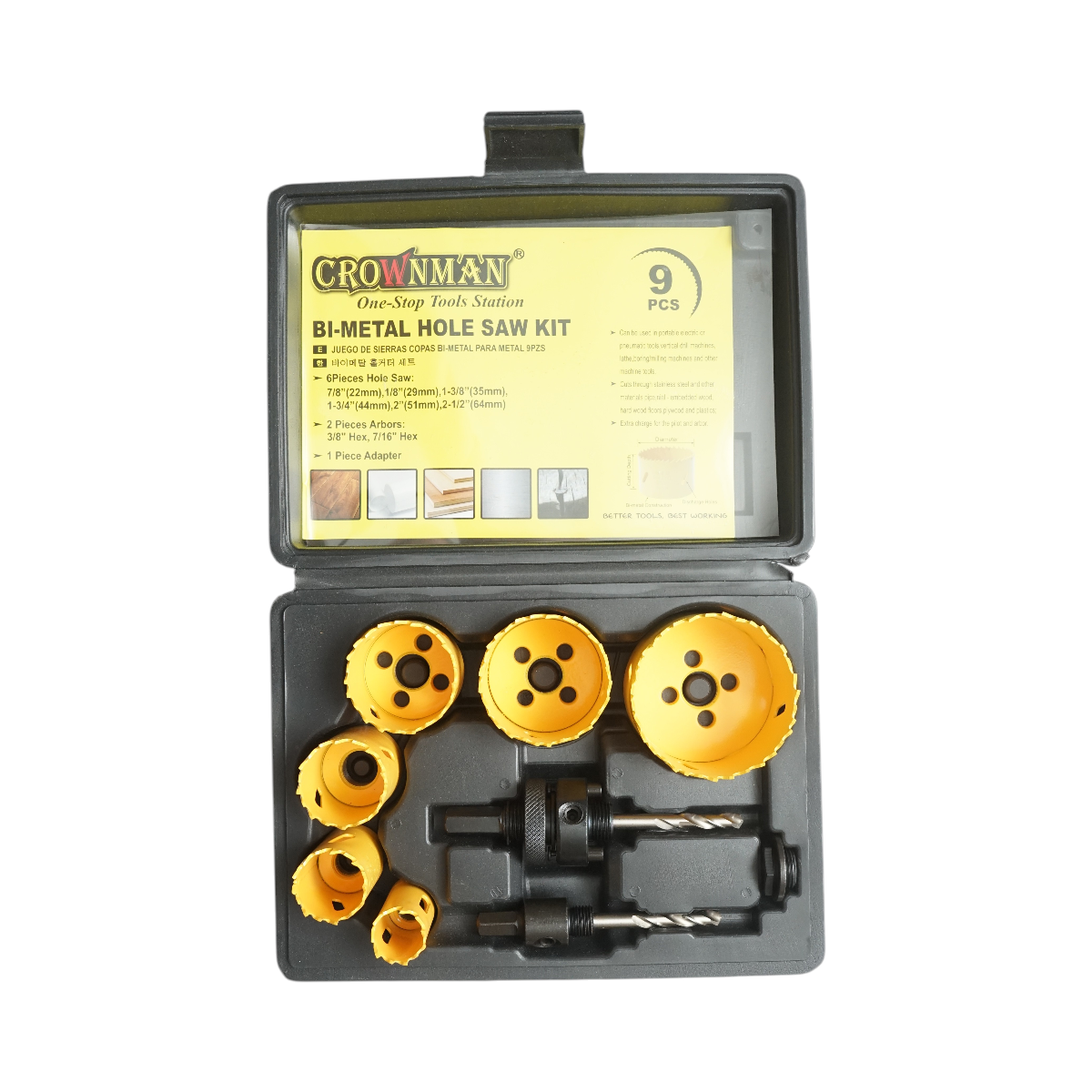 Set carote circulare Bi-Metal 22-64mm pentru lemn, rigips, PVC 9 piese Crownman - imagine 2