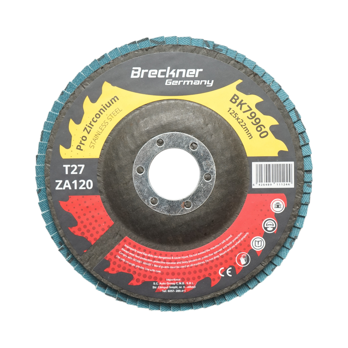 Disc lamelar abraziv cu zirconiu 125x22mm T27 ZA120 pentru slefuire, polizare metal si inox Breckner Germany