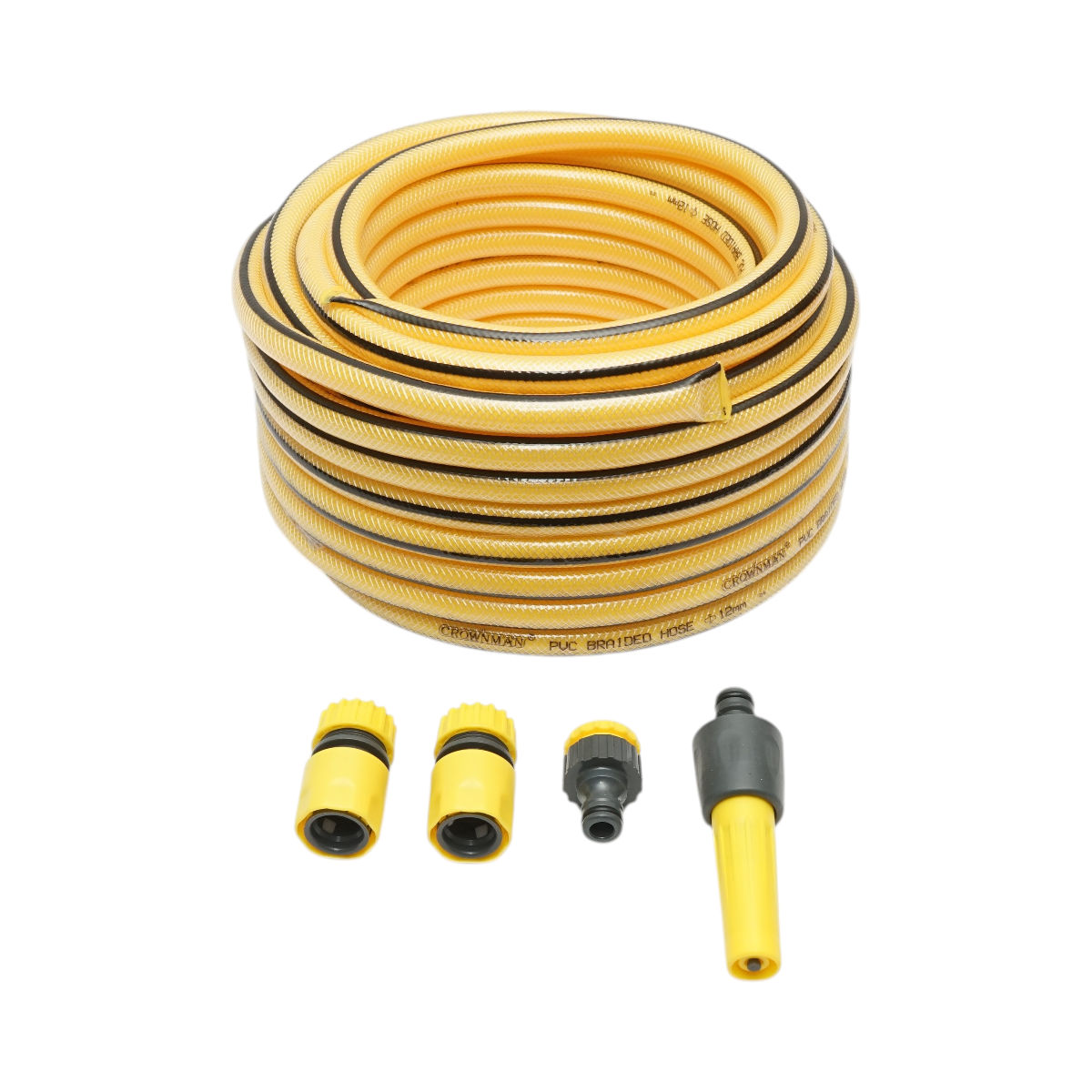 Set rola 22.5m furtun gradina PVC impletit 1/2 inch cu duza stropit reglabila, conectori si adaptor robinet 3/4-1/2 inch Crownman