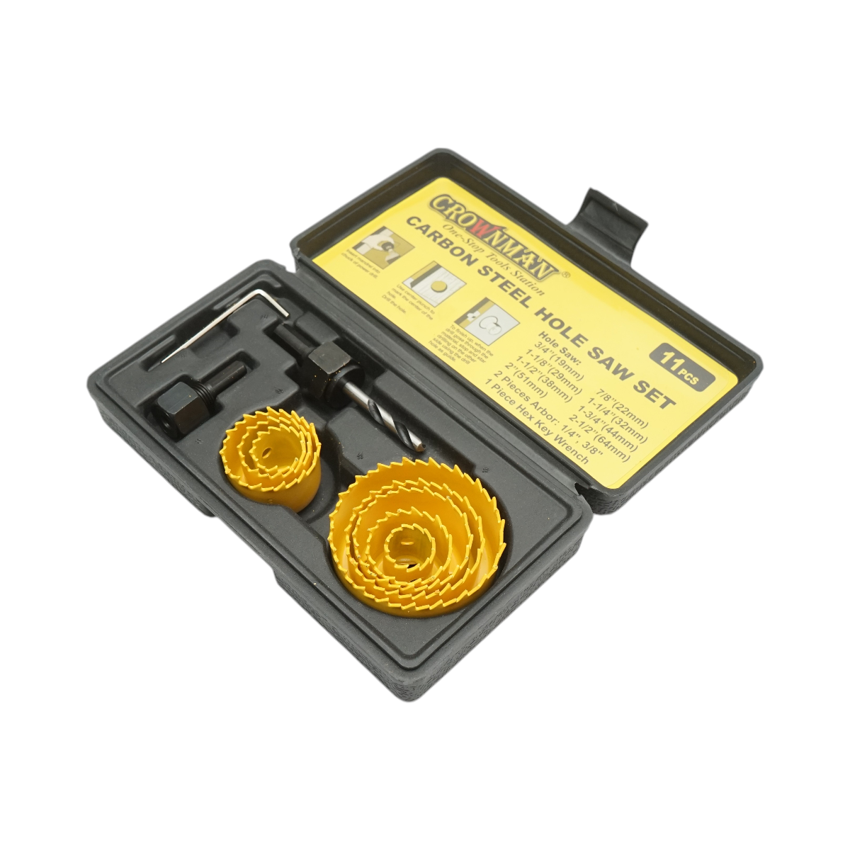 Set carote circulare otel carbon 19-64mm pentru lemn, rigips, PVC 11 piese Crownman - imagine 2