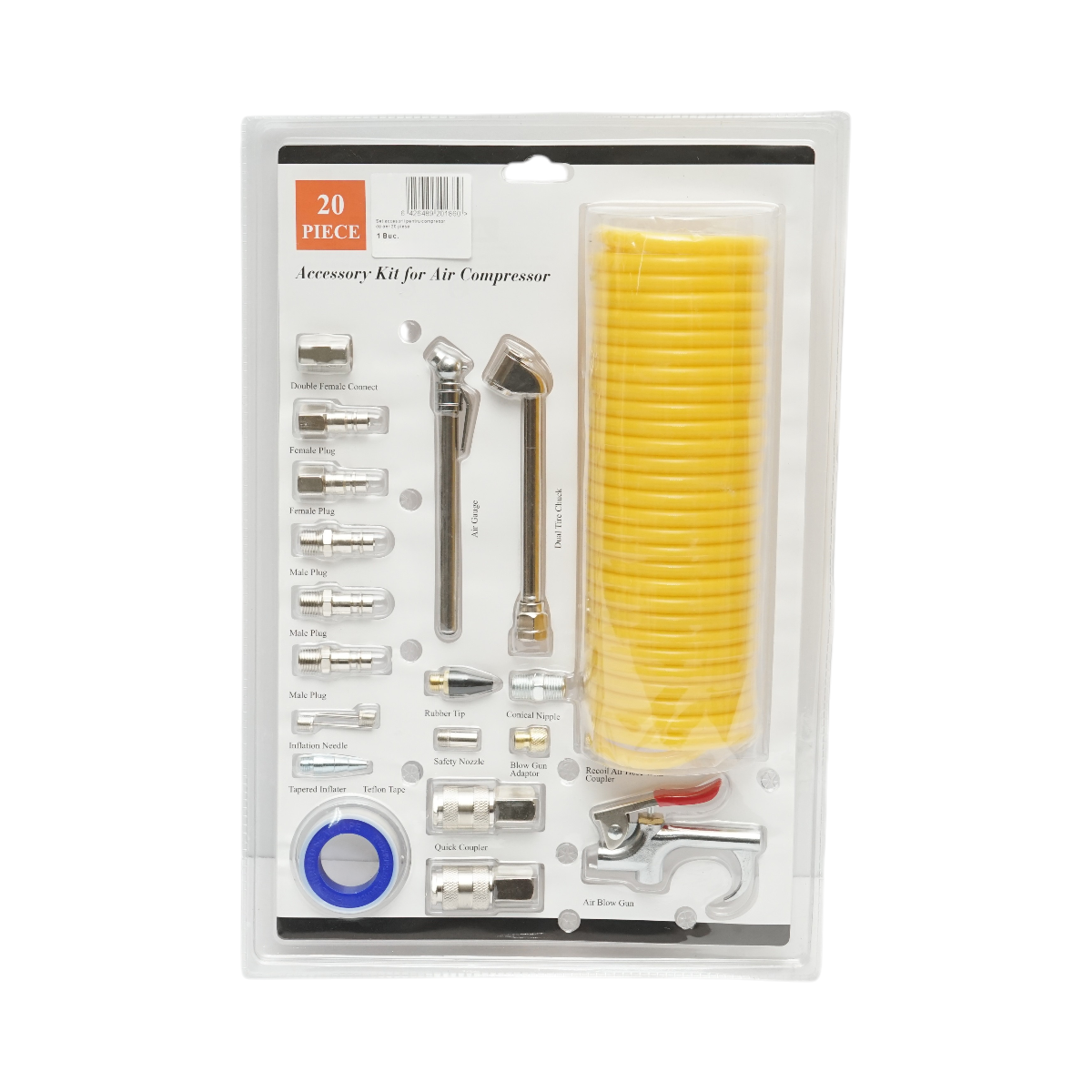 Set 20 accesorii compresor aer cu furtun spiralat, pistol suflare, conectori, duze si cuple rapide universale - imagine 2