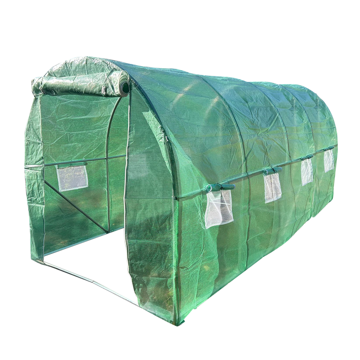 Solar de gradina 400x300x200cm cu sistem irigare, folie verde PE cu plasa 140g/mp UV, 8 ferestre, 2 usi, teava otel galvanizat 25mm THOR