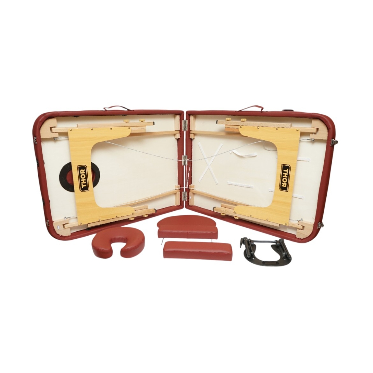 Masa de masaj pliabila portabila 2 zone, cadru lemn, spuma 5cm, inaltime 55-76cm, piele ecologica rosu burgundy 60x213cm THOR - imagine 6