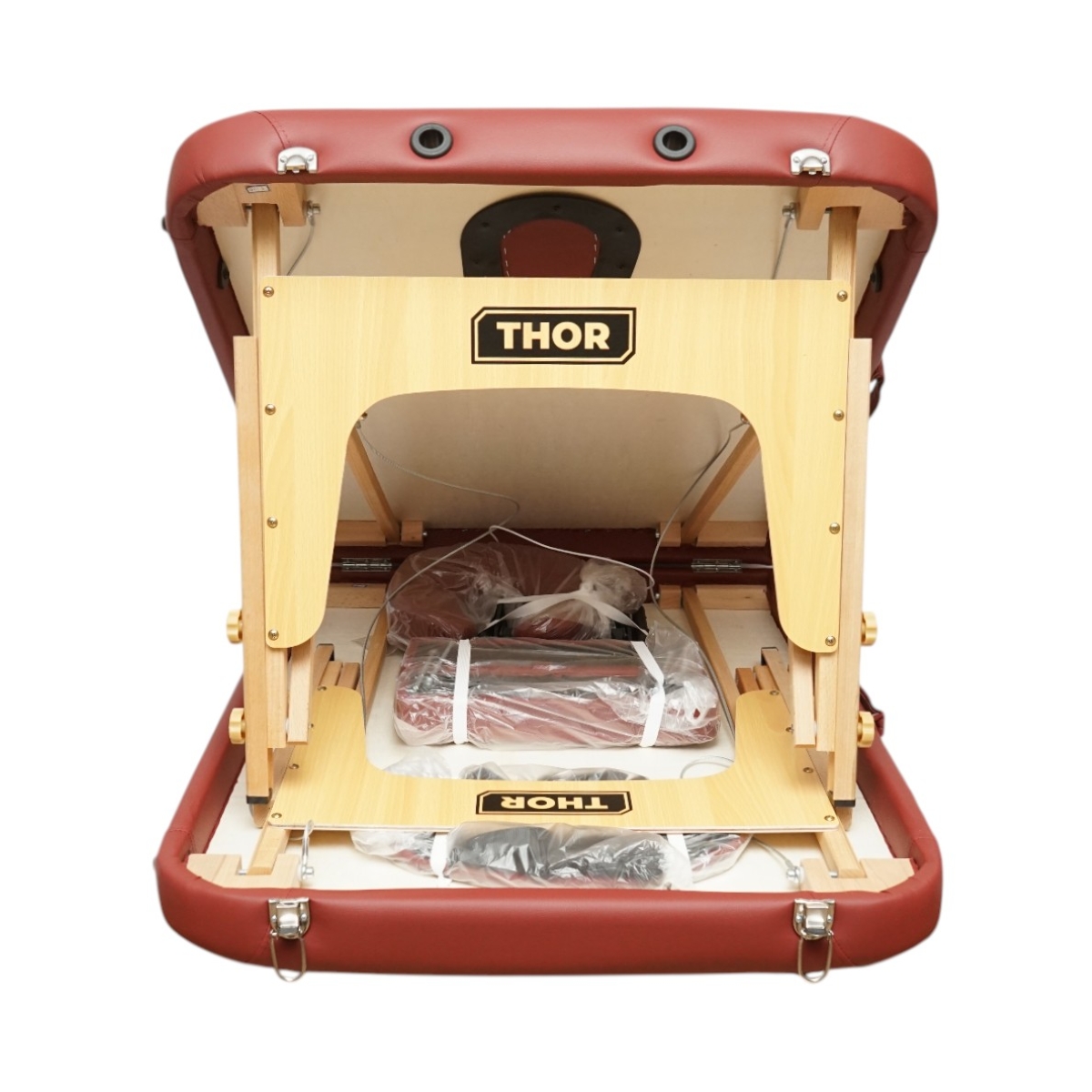 Masa de masaj pliabila portabila 2 zone, cadru lemn, spuma 5cm, inaltime 55-76cm, piele ecologica rosu burgundy 60x213cm THOR - imagine 5