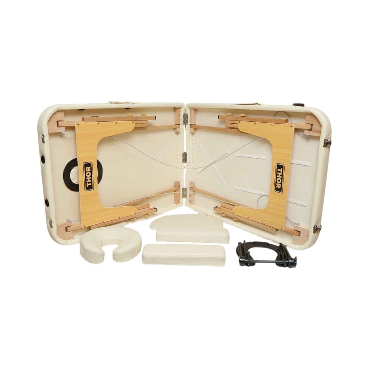 Masa de masaj pliabila portabila 2 zone, cadru lemn, spuma 5cm, inaltime 55-76cm, piele ecologica crem 60x213cm THOR - imagine 6