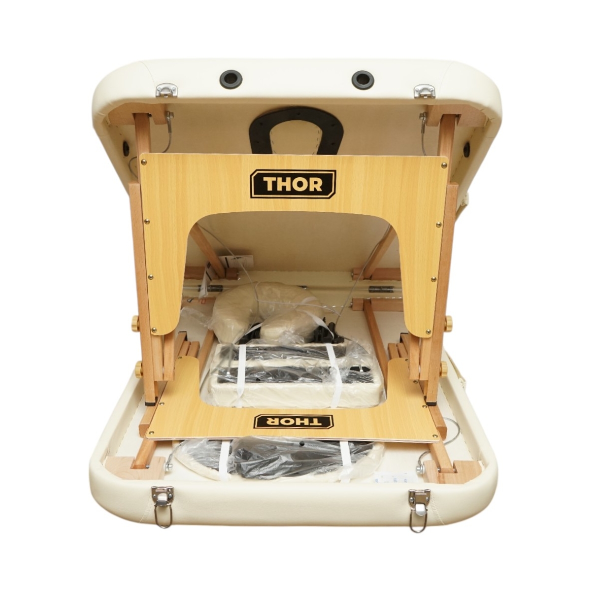 Masa de masaj pliabila portabila 2 zone, cadru lemn, spuma 5cm, inaltime 55-76cm, piele ecologica crem 60x213cm THOR - imagine 5