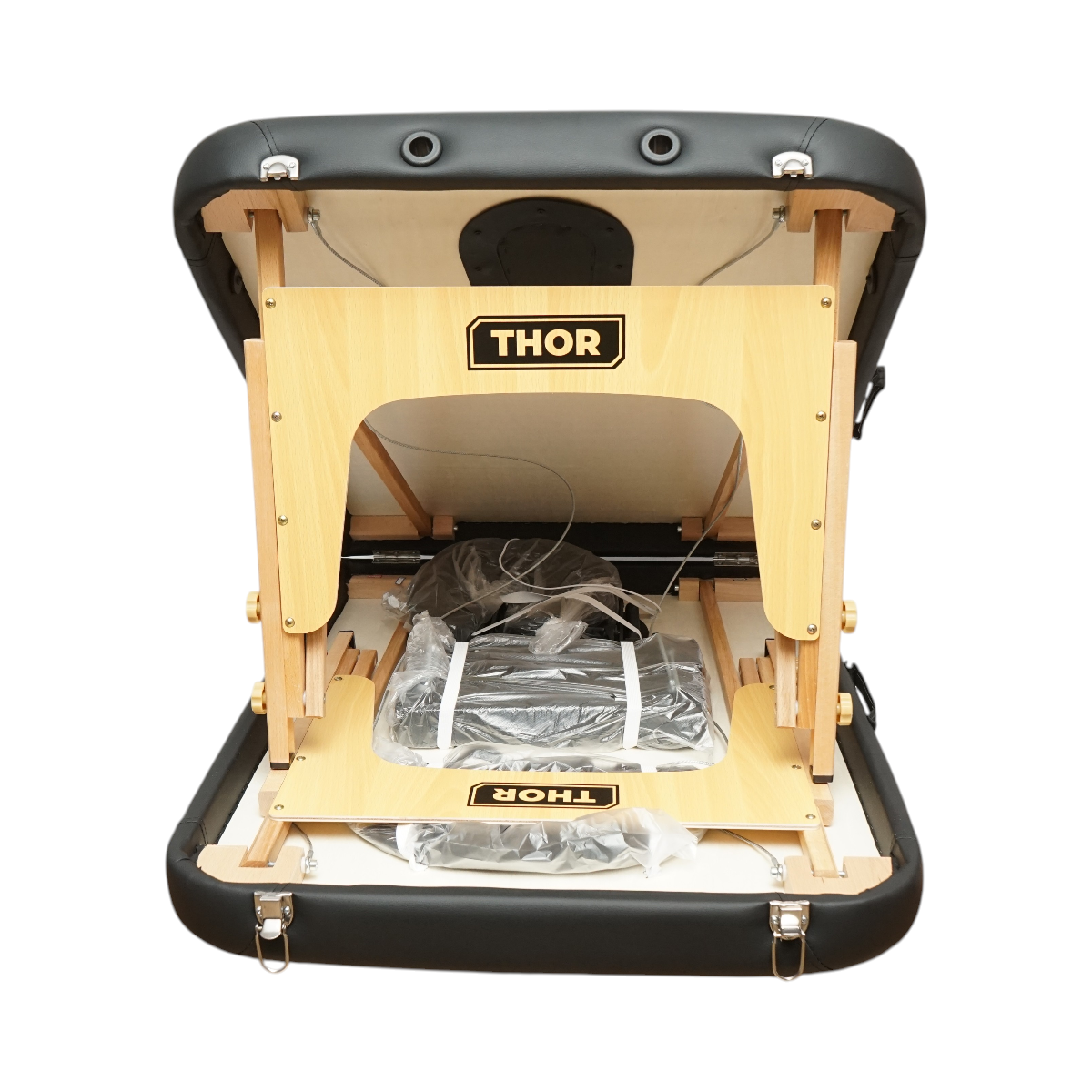 Masa de masaj pliabila portabila 2 zone, cadru lemn, spuma 5cm, inaltime 55-76cm, piele ecologica neagra 60x213cm THOR - imagine 5