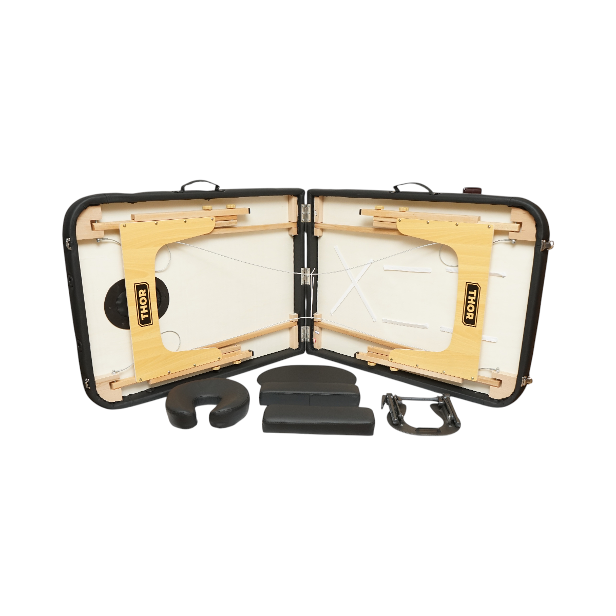 Masa de masaj pliabila portabila 2 zone, cadru lemn, spuma 5cm, inaltime 55-76cm, piele ecologica neagra 60x213cm THOR - imagine 6