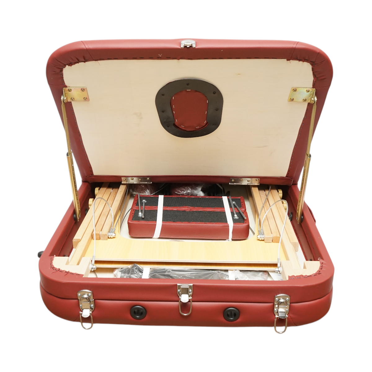 Masa de masaj pliabila portabila 3 zone, cadru lemn, spuma 5cm, inaltime 55-76cm, piele ecologica rosu burgundy 60x213cm THOR - imagine 5