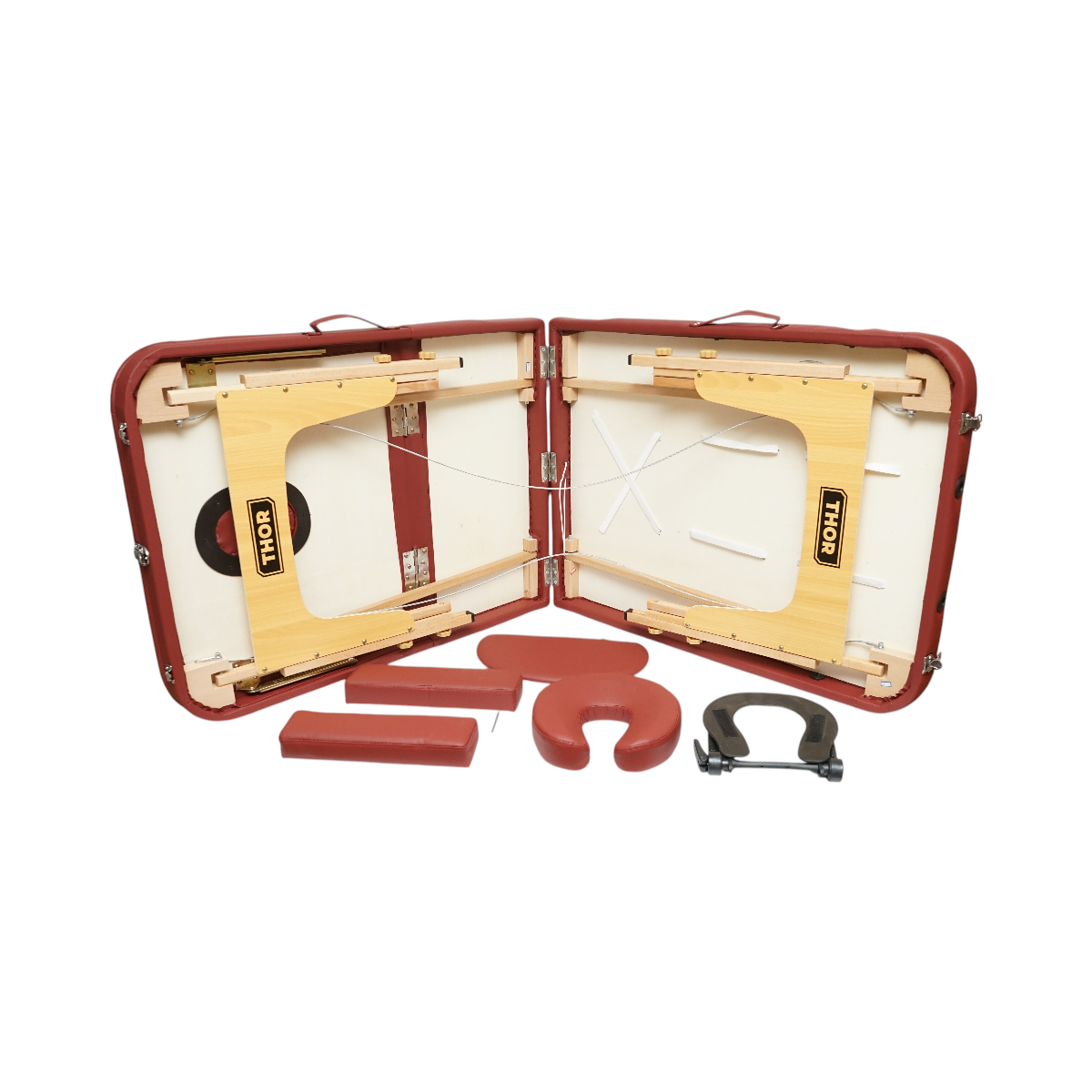 Masa de masaj pliabila portabila 3 zone, cadru lemn, spuma 5cm, inaltime 55-76cm, piele ecologica rosu burgundy 60x213cm THOR - imagine 6