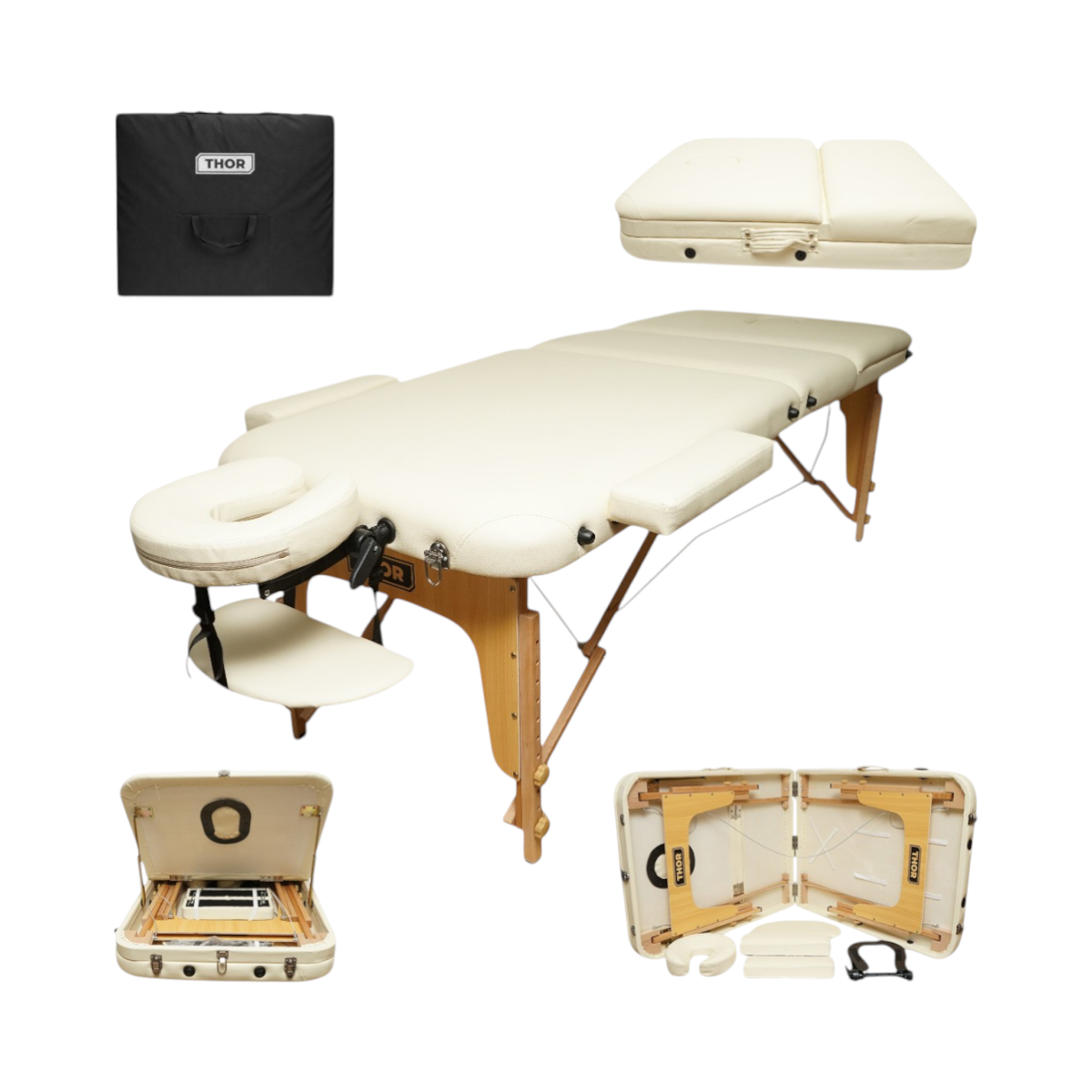 Masa de masaj pliabila portabila 3 zone, cadru lemn, spuma 5cm, inaltime 55-76cm, piele ecologica crem 60x213cm THOR