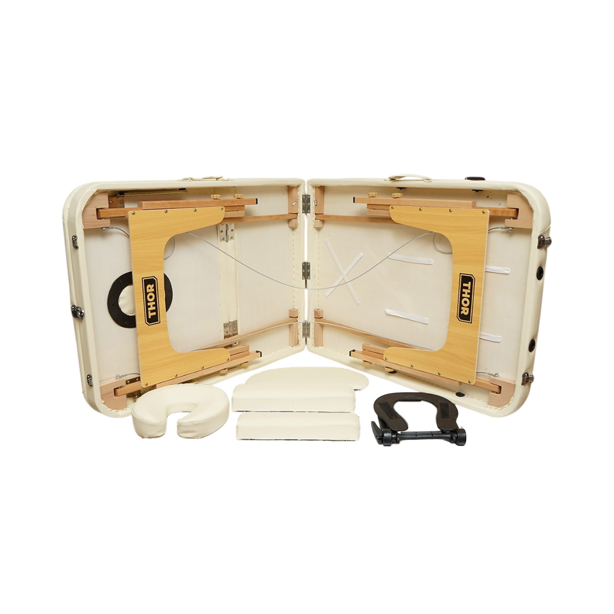 Masa de masaj pliabila portabila 3 zone, cadru lemn, spuma 5cm, inaltime 55-76cm, piele ecologica crem 60x213cm THOR - imagine 6