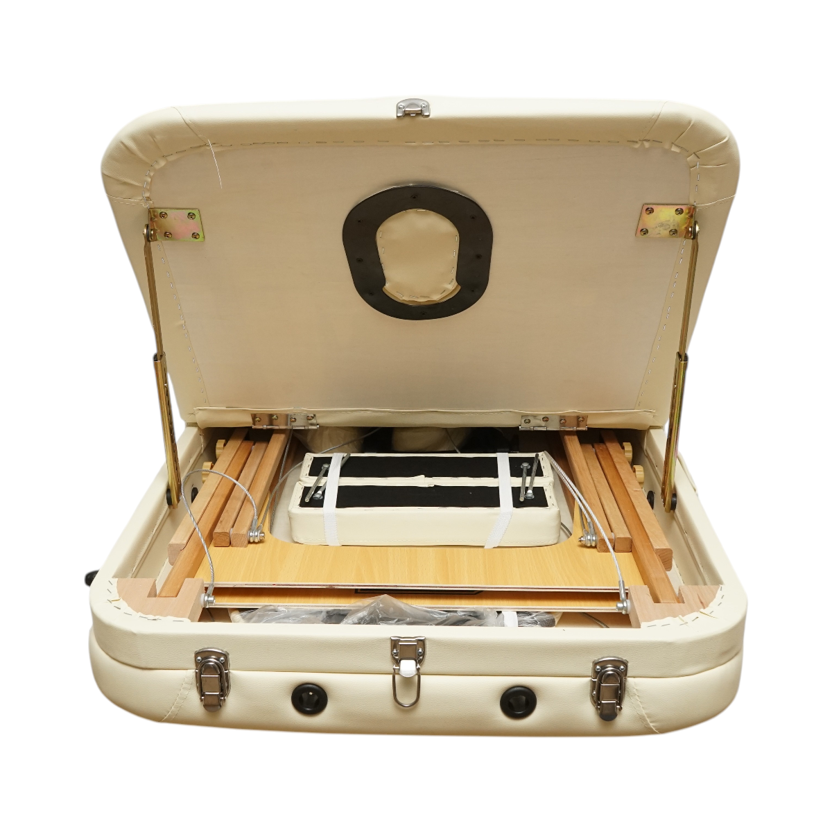 Masa de masaj pliabila portabila 3 zone, cadru lemn, spuma 5cm, inaltime 55-76cm, piele ecologica crem 60x213cm THOR - imagine 5