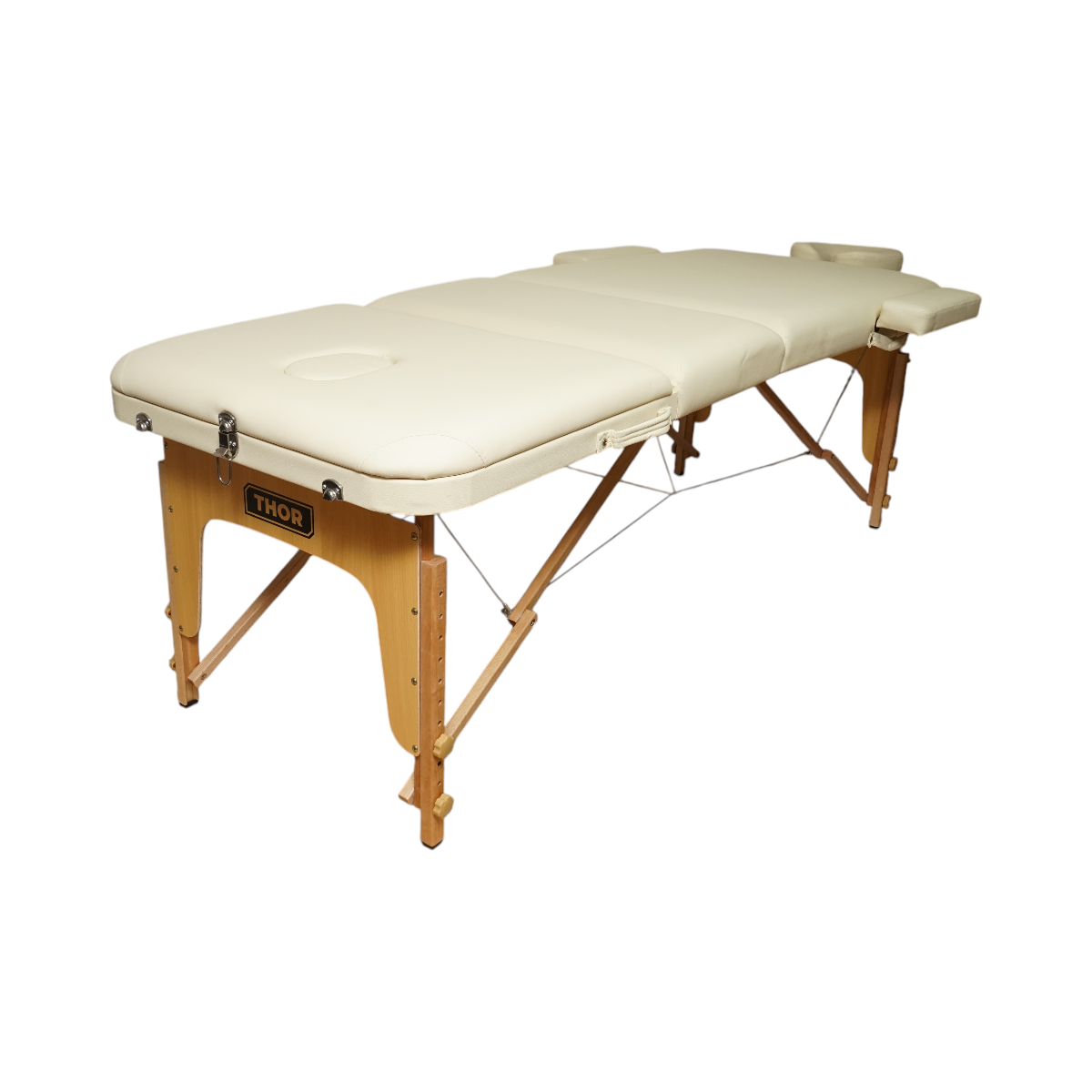 Masa de masaj pliabila portabila 3 zone, cadru lemn, spuma 5cm, inaltime 55-76cm, piele ecologica crem 60x213cm THOR - imagine 4