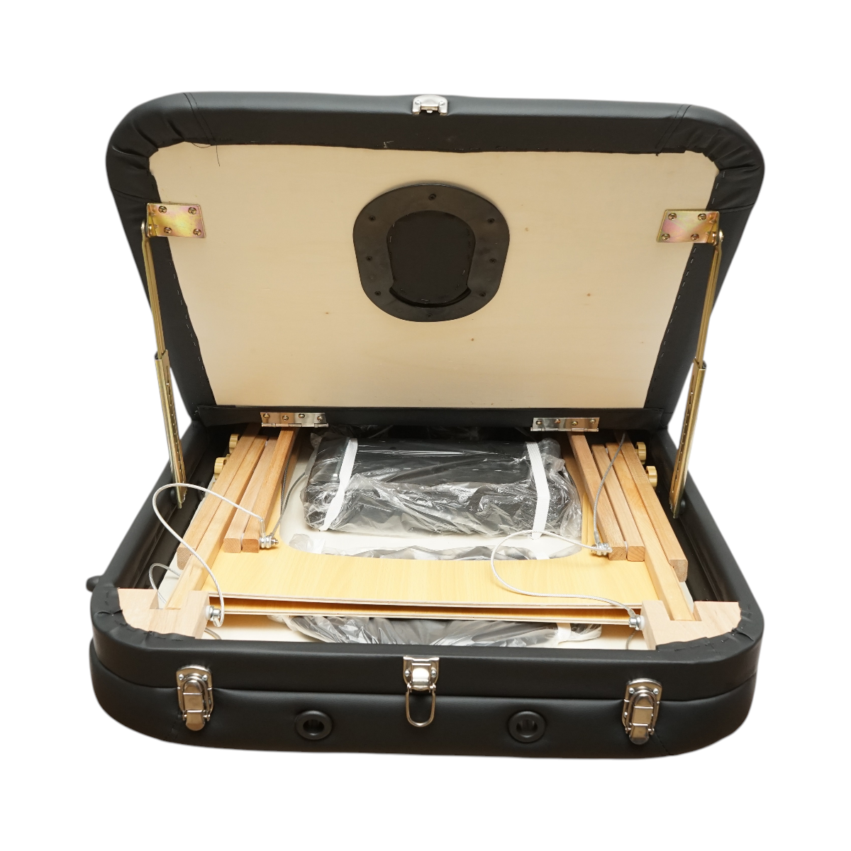 Masa de masaj pliabila portabila 3 zone, cadru lemn, spuma 5cm, inaltime 55-76cm, piele ecologica neagra 60x213cm THOR - imagine 5