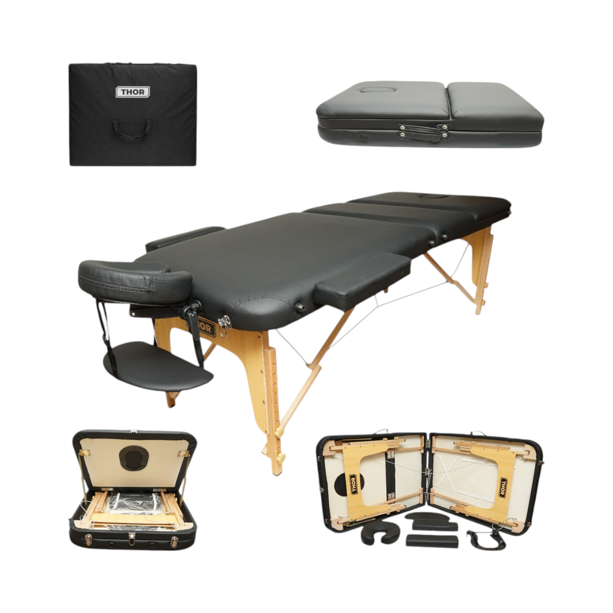 Masa de masaj pliabila portabila 3 zone, cadru lemn, spuma 5cm, inaltime 55-76cm, piele ecologica neagra 60x213cm THOR
