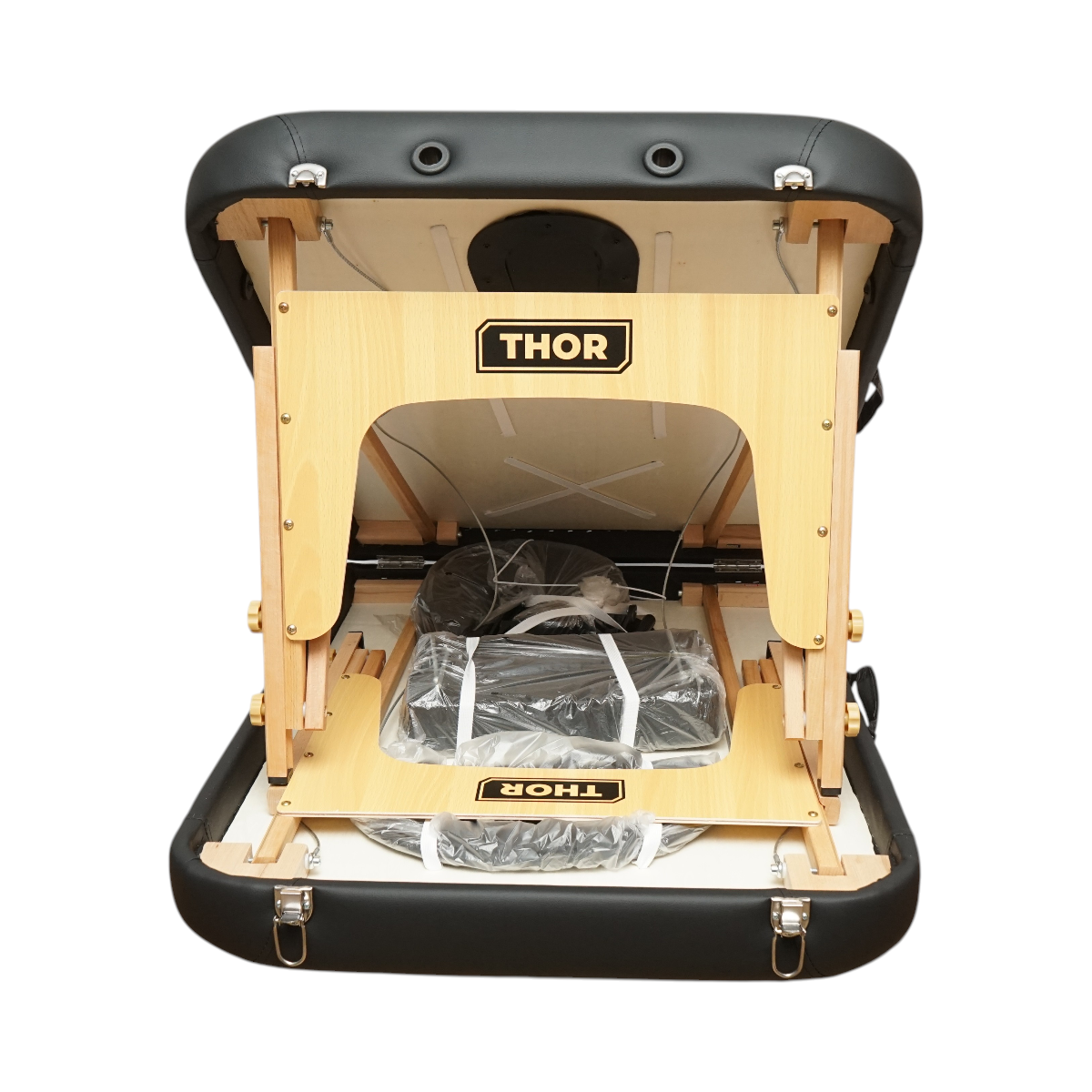 Masa de masaj pliabila portabila 2 zone, cadru lemn, spuma 6cm, inaltime 55-76cm, piele ecologica neagra 60x213cm THOR - imagine 5