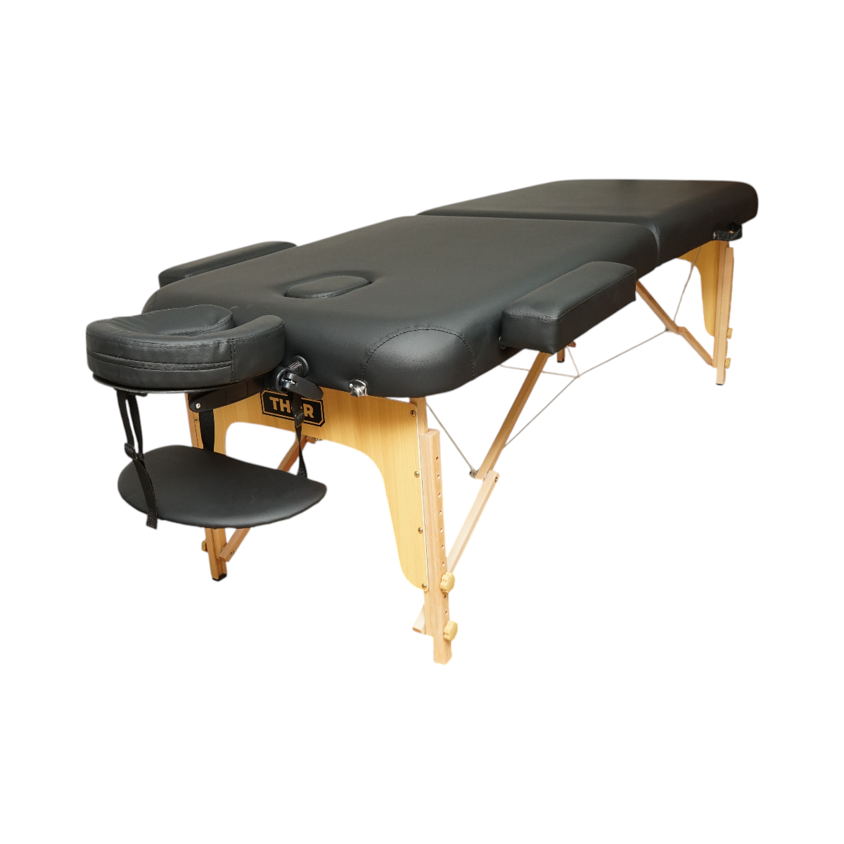 Masa de masaj pliabila portabila 2 zone, cadru lemn, spuma 6cm, inaltime 55-76cm, piele ecologica neagra 60x213cm THOR - imagine 2