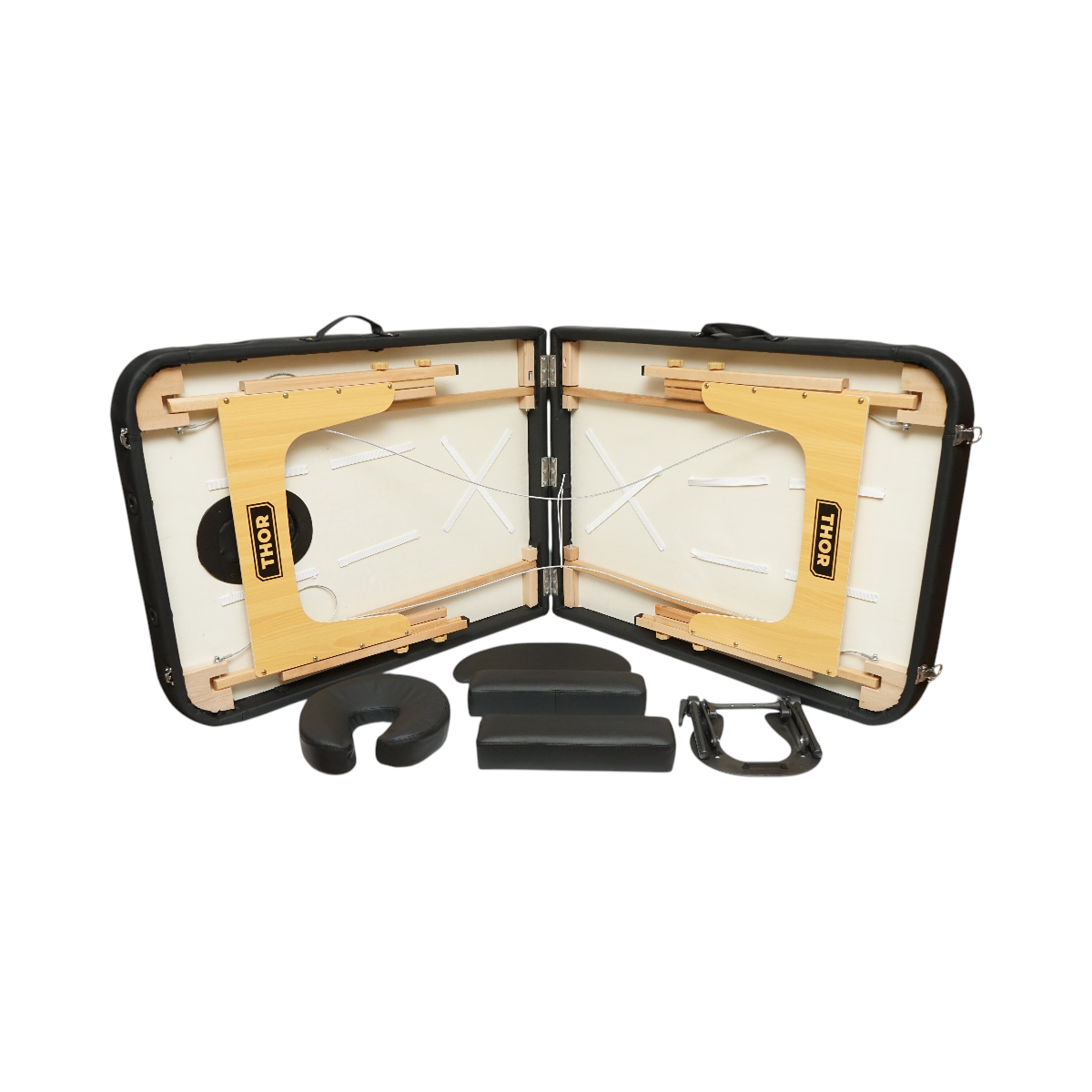 Masa de masaj pliabila portabila 2 zone, cadru lemn, spuma 6cm, inaltime 55-76cm, piele ecologica neagra 60x213cm THOR - imagine 6