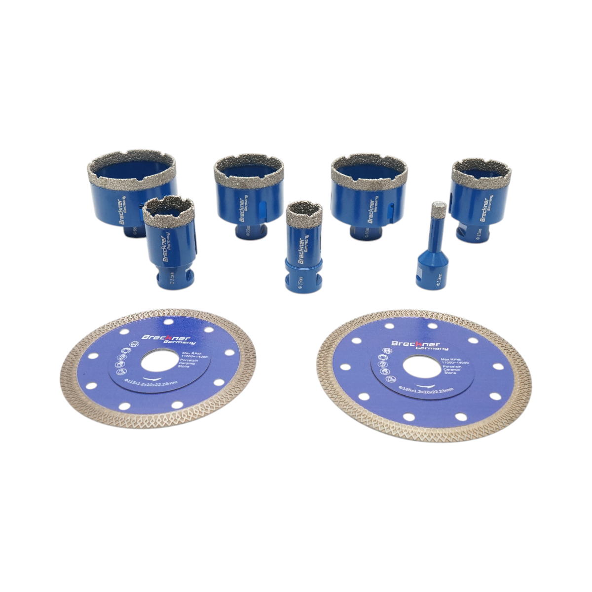Set 7 carote diamantate 10-68mm, filet interior M14 + 2 discuri 115, 125mm pentru placi ceramice, marmura, granit Breckner Germany - imagine 4