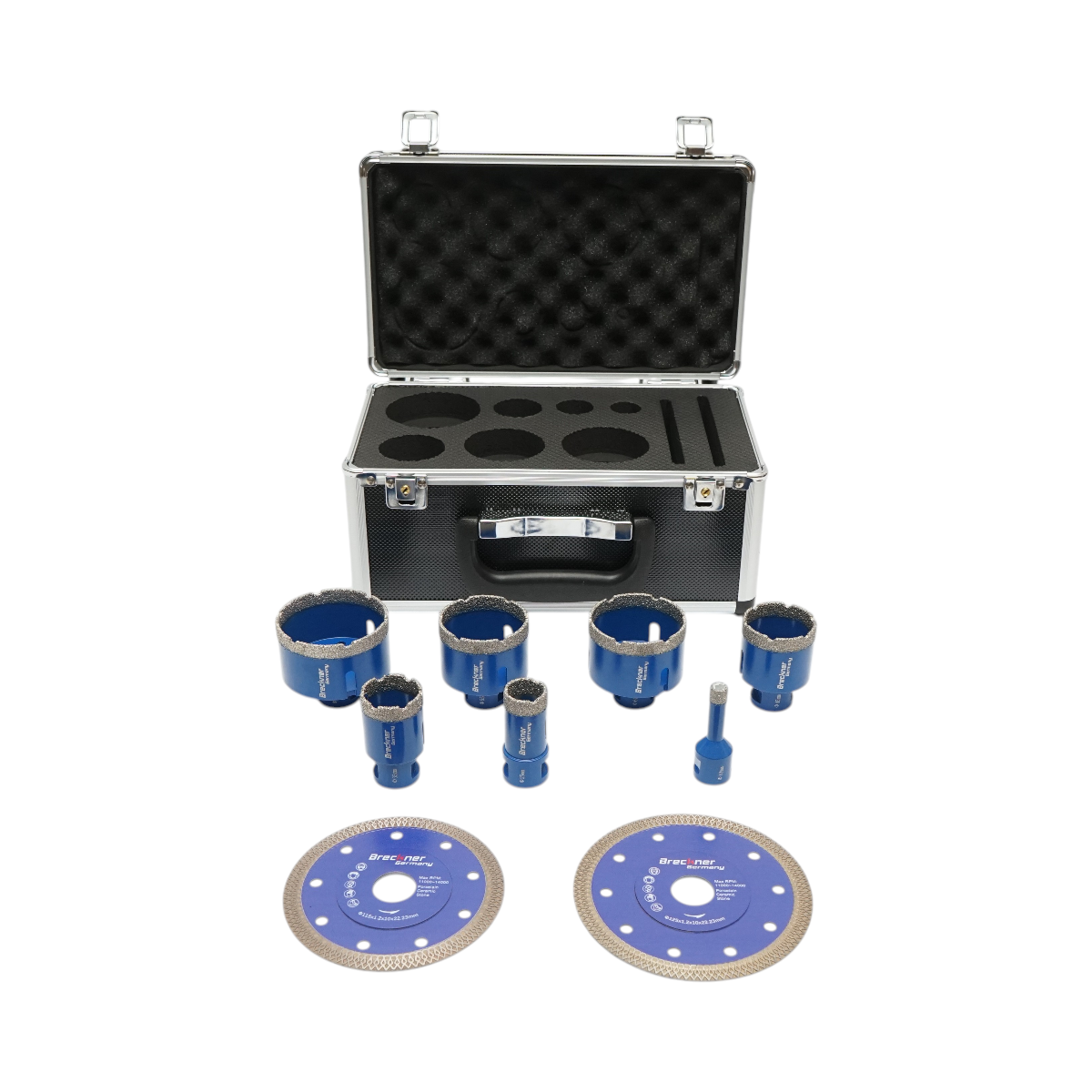 Set 7 carote diamantate 10-68mm, filet interior M14 + 2 discuri 115, 125mm pentru placi ceramice, marmura, granit Breckner Germany - imagine 2