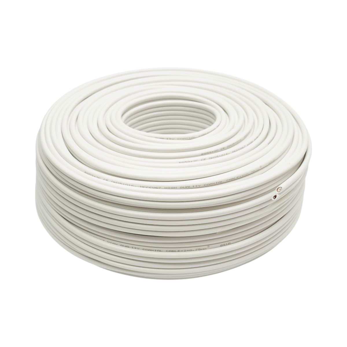 Cablu coaxial RG59 CCTV cupru siamez + alimentare 2x0.75mm CCA, 75 Ohm, PVC alb 100m/rola