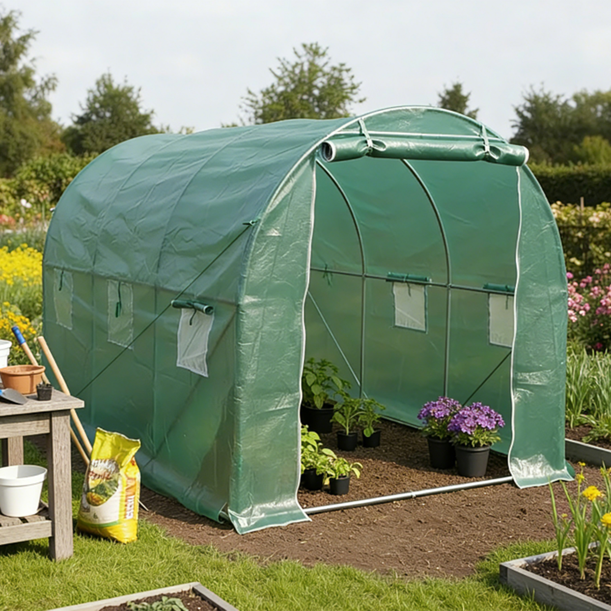 Solar de gradina 300x200x200cm, folie verde PE cu plasa 140g/mp UV, 1 usa, 6 ferestre, teava otel galvanizat 19mm THOR