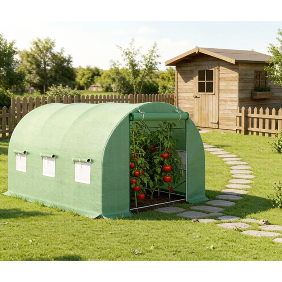 Solar de gradina 300x200x200cm, folie verde PE cu plasa 140g/mp UV, 1 usa, 6 ferestre, teava otel galvanizat 19mm THOR - imagine 3