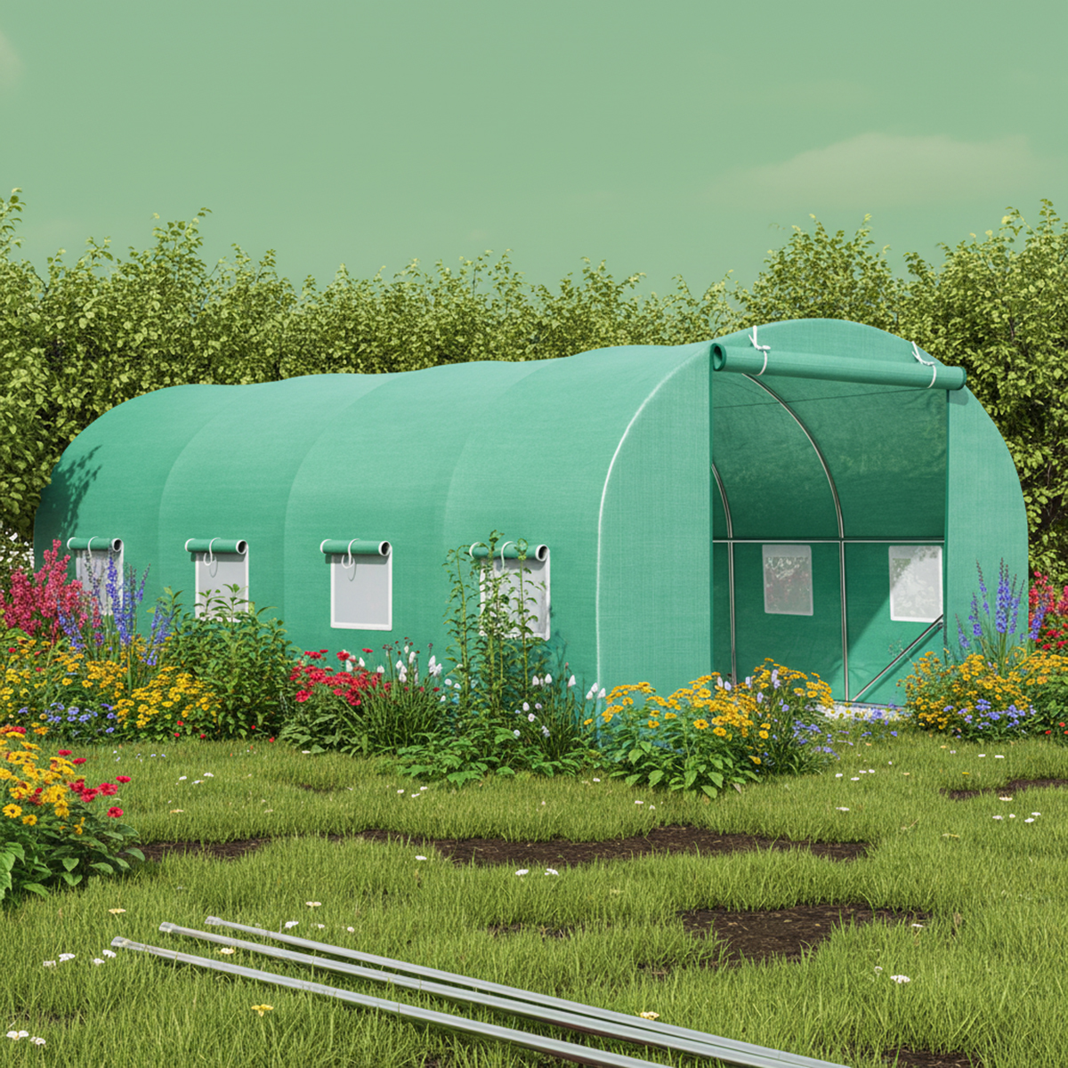 Solar de gradina 400x300x200cm, folie verde PE cu plasa 140g/mp UV, 1 usa, 8 ferestre, teava otel galvanizat 19mm THOR - imagine 5