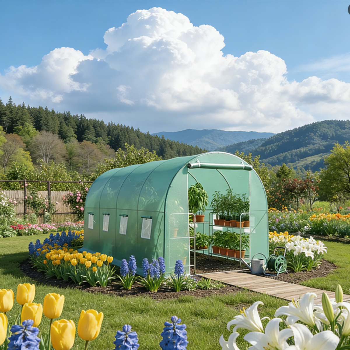 Solar de gradina 400x300x200cm, folie verde PE cu plasa 140g/mp UV, 1 usa, 8 ferestre, teava otel galvanizat 19mm THOR