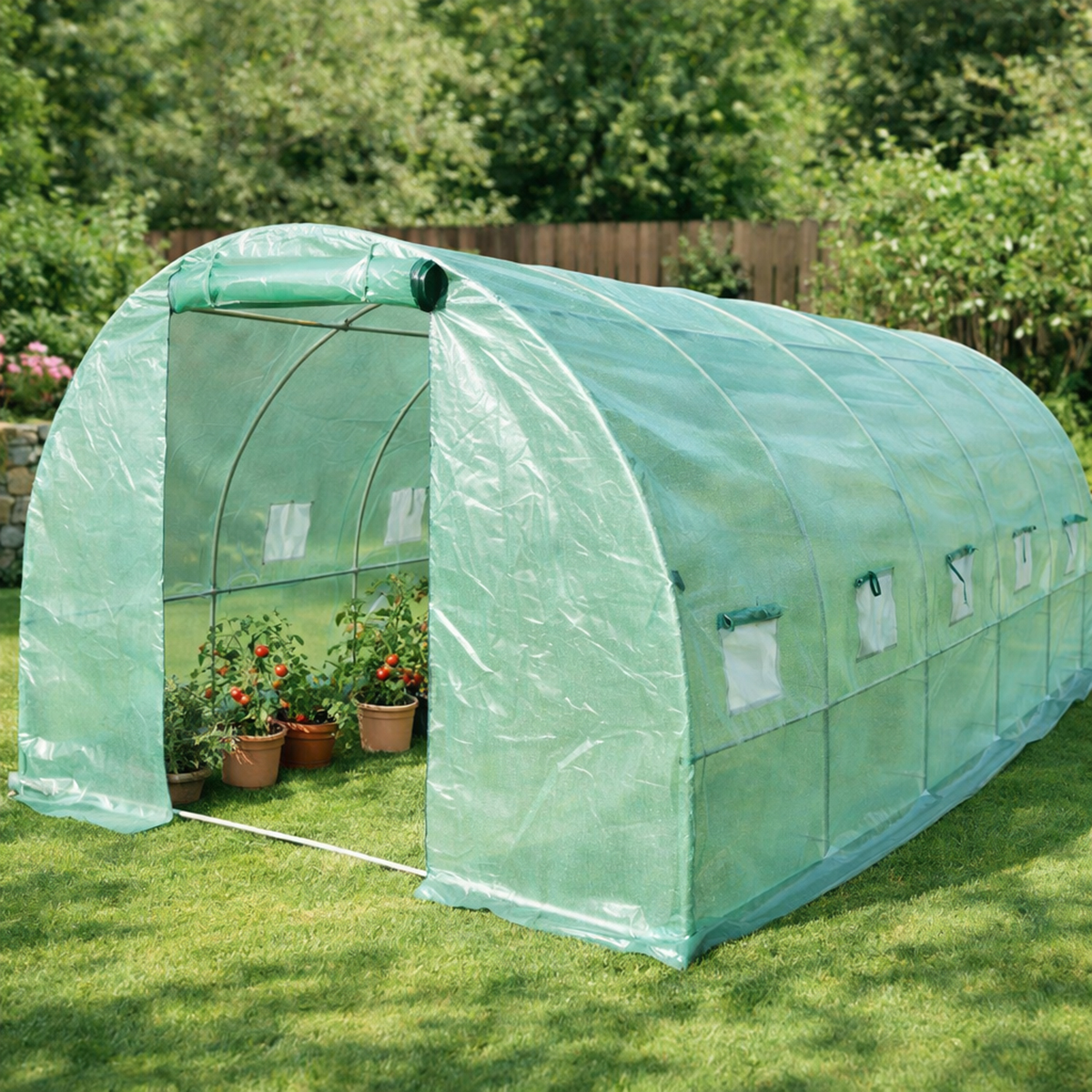 Solar de gradina 500x300x200cm, folie verde PE cu plasa 140g/mp UV, 1 usa, 10 ferestre, teava otel galvanizat 19mm THOR - imagine 4