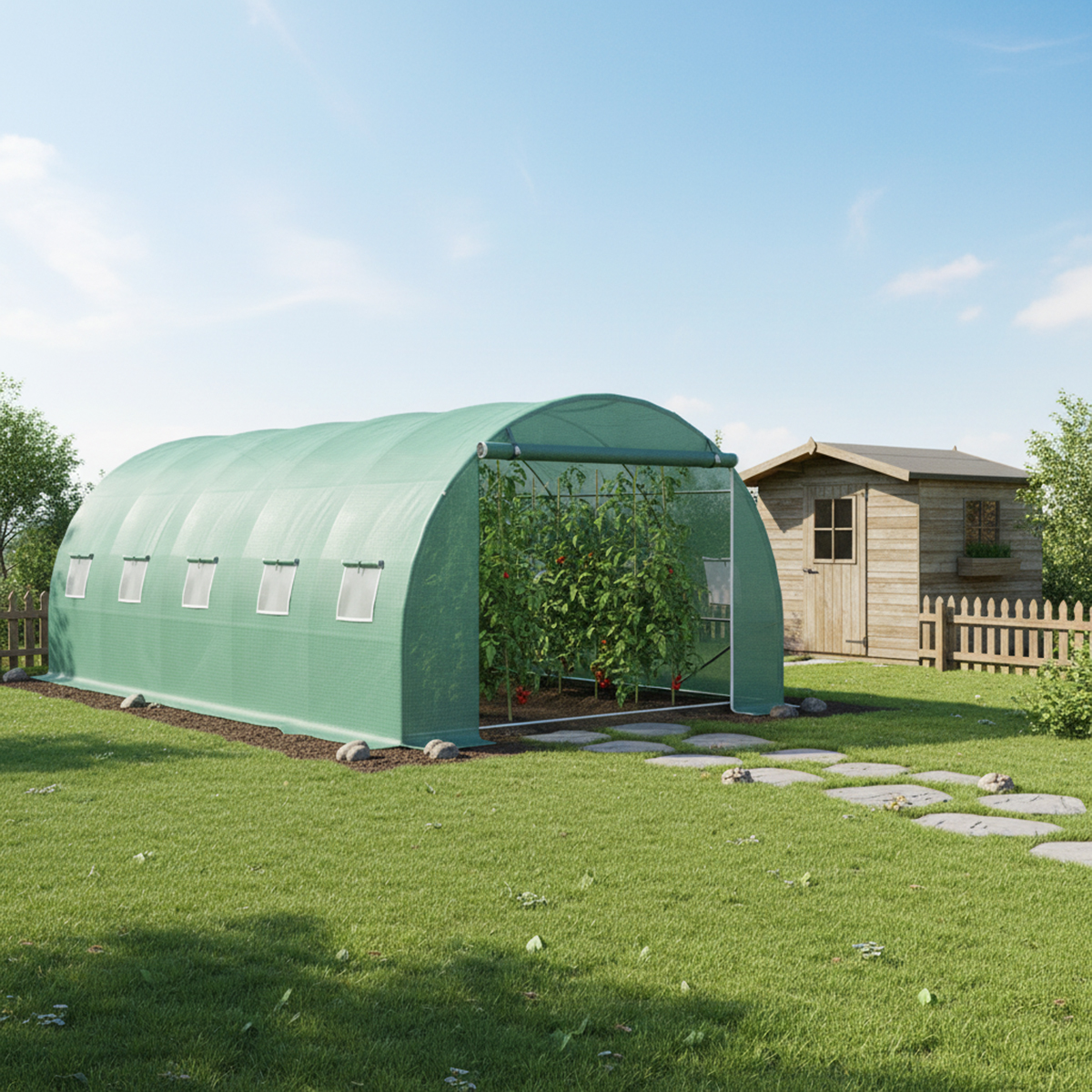 Solar de gradina 500x300x200cm, folie verde PE cu plasa 140g/mp UV, 1 usa, 10 ferestre, teava otel galvanizat 19mm THOR - imagine 6