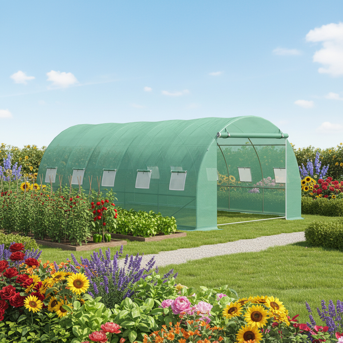 Solar de gradina 500x300x200cm, folie verde PE cu plasa 140g/mp UV, 1 usa, 10 ferestre, teava otel galvanizat 19mm THOR - imagine 5