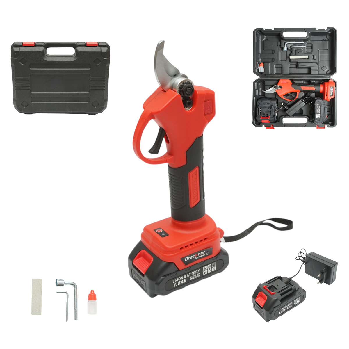 Foarfeca electrica de gradina cu 2 acumulatori 36V, 1.5Ah Li-Ion, 100W, diametru taiere 0-25mm, buton siguranta Breckner Germany