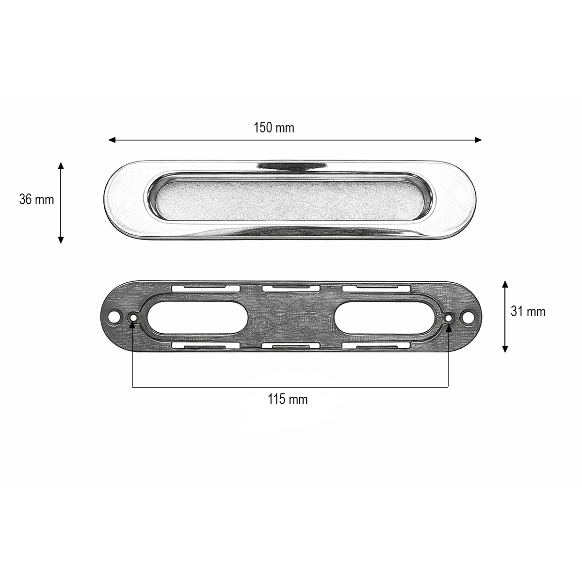 Maner usa glisanta cromat incastrat tip scoica 36x150mm - imagine 3