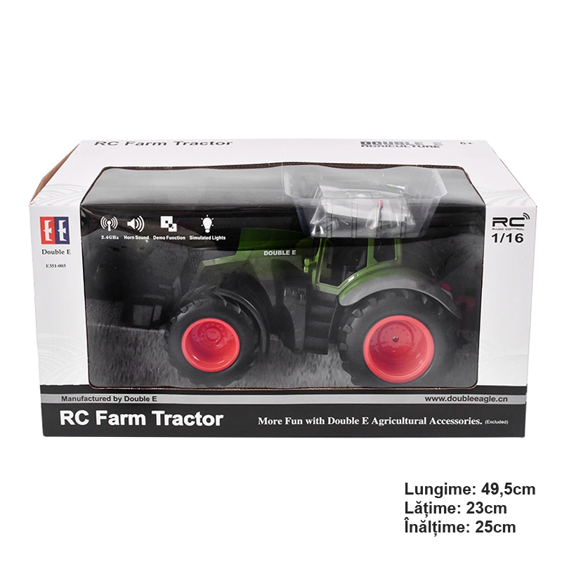 Jucarie tractor cu telecomanda doubleE RC 1:16 2.4 Ghz, lumini, sunete 25m raza de actiune 2.16 km/h viteza