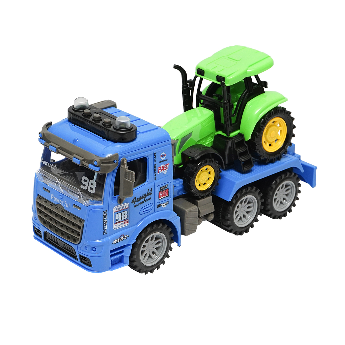 Camion albastru tip trailer cu detalii autentice pe baterii impreuna cu tractor verde de jucarie - imagine 2