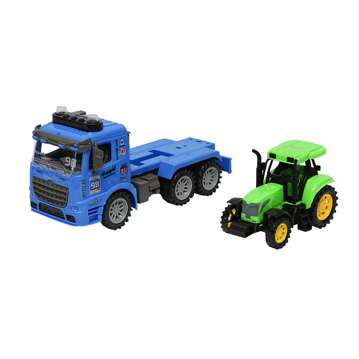 Camion albastru tip trailer cu detalii autentice pe baterii impreuna cu tractor verde de jucarie - imagine 4