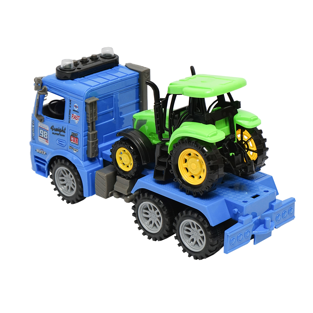 Camion albastru tip trailer cu detalii autentice pe baterii impreuna cu tractor verde de jucarie - imagine 8