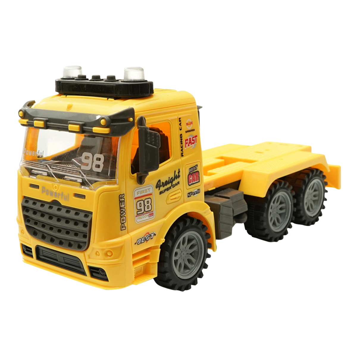 Camion galben cu detalii autentice de tip trailer pe baterii impreuna cu tractor verde de jucarie - imagine 7