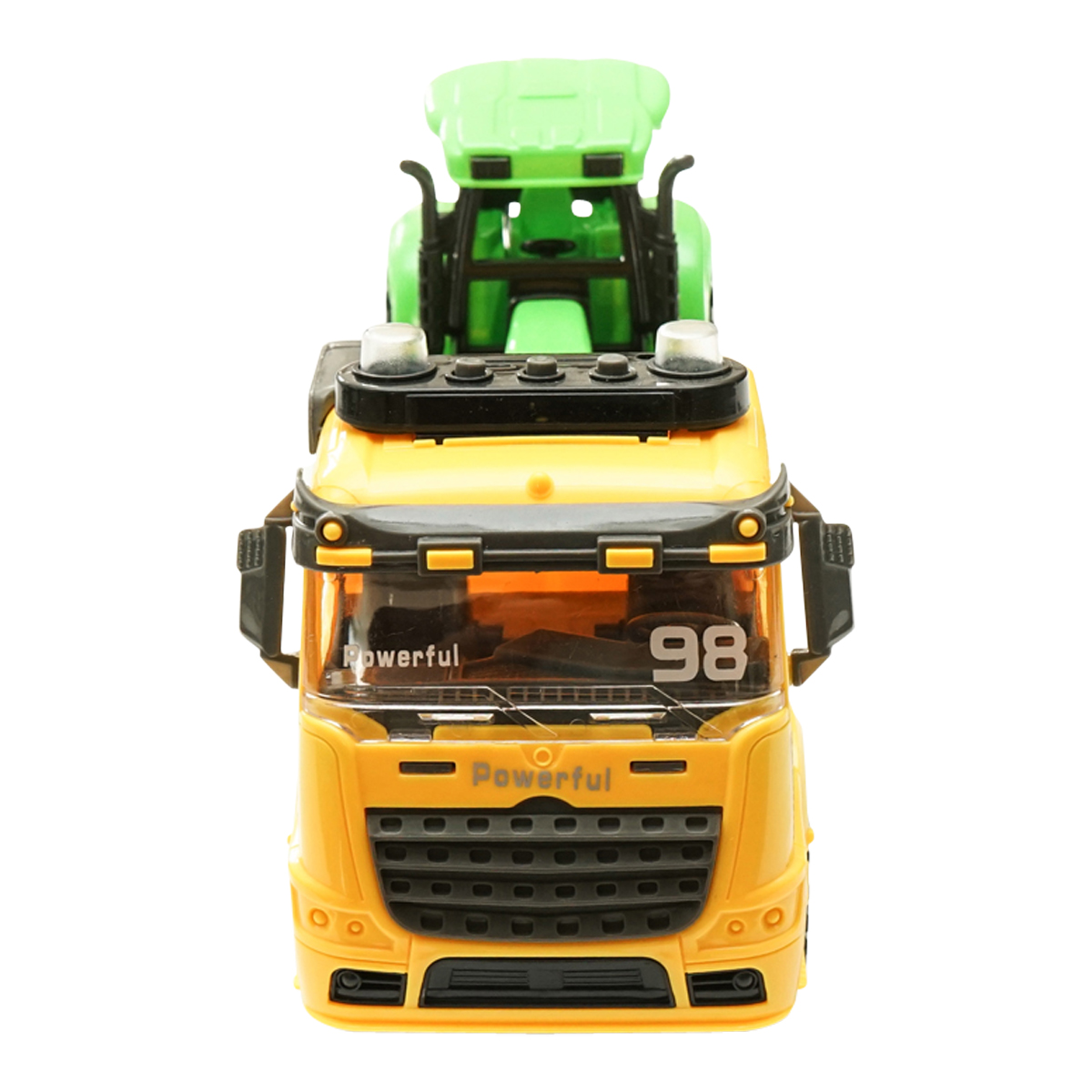 Camion galben cu detalii autentice de tip trailer pe baterii impreuna cu tractor verde de jucarie - imagine 4